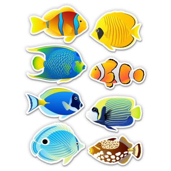 Tropical Coral Reef Fish Set of 8-2" Each Vinyl Stickers - for Car Laptop Water Bottle Phone - Waterproof Decals