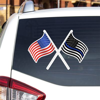 American Flag Thin Blue Line Flag Police Crossed Vinyl Decal Sticker For Car Boat Laptop Reflective Glossy Choose Size (5'' x 3.3" (12.7cm x 8.4cm), Reflective)