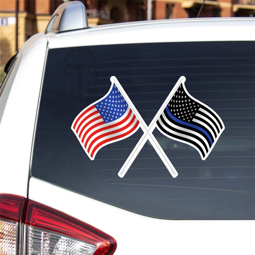 American Flag Thin Blue Line Flag Police Crossed Vinyl Decal Sticker For Car Boat Laptop Reflective Glossy Choose Size (5'' x 3.3" (12.7cm x 8.4cm), Reflective)