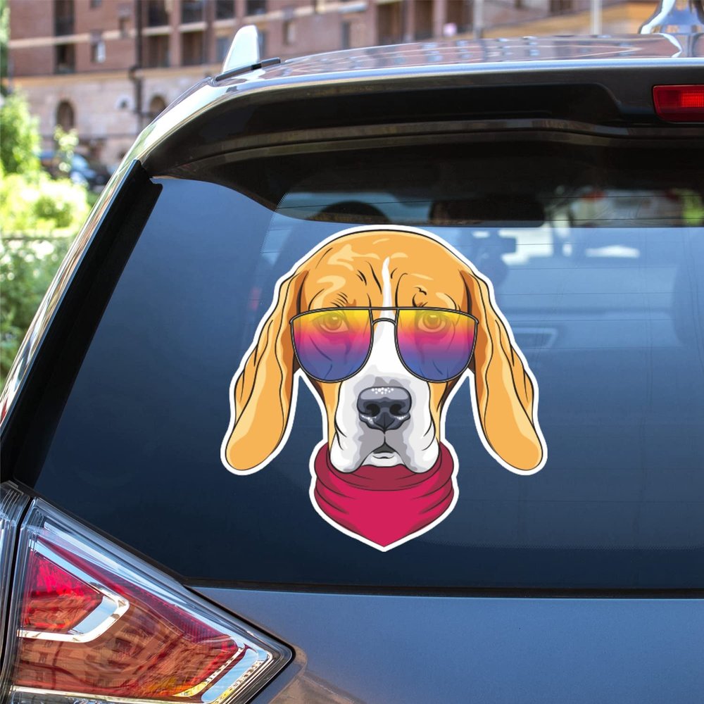 Beagle Dog Hipster Sunglasses Yellow Vinyl Decal Sticker for Car Boat Laptop Reflective Glossy Choose Size (8'' x 8" (20.3cm x 20.3cm), Reflective)