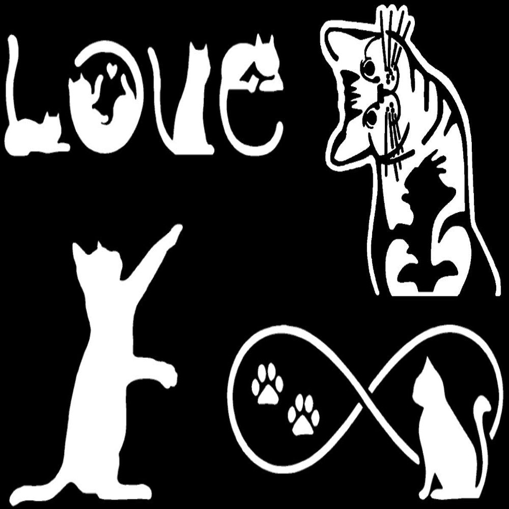Cat Decal 4 Pack: Cat Pawing, Kitten Looking, Love, Infinity (Cats White, Large ~5")