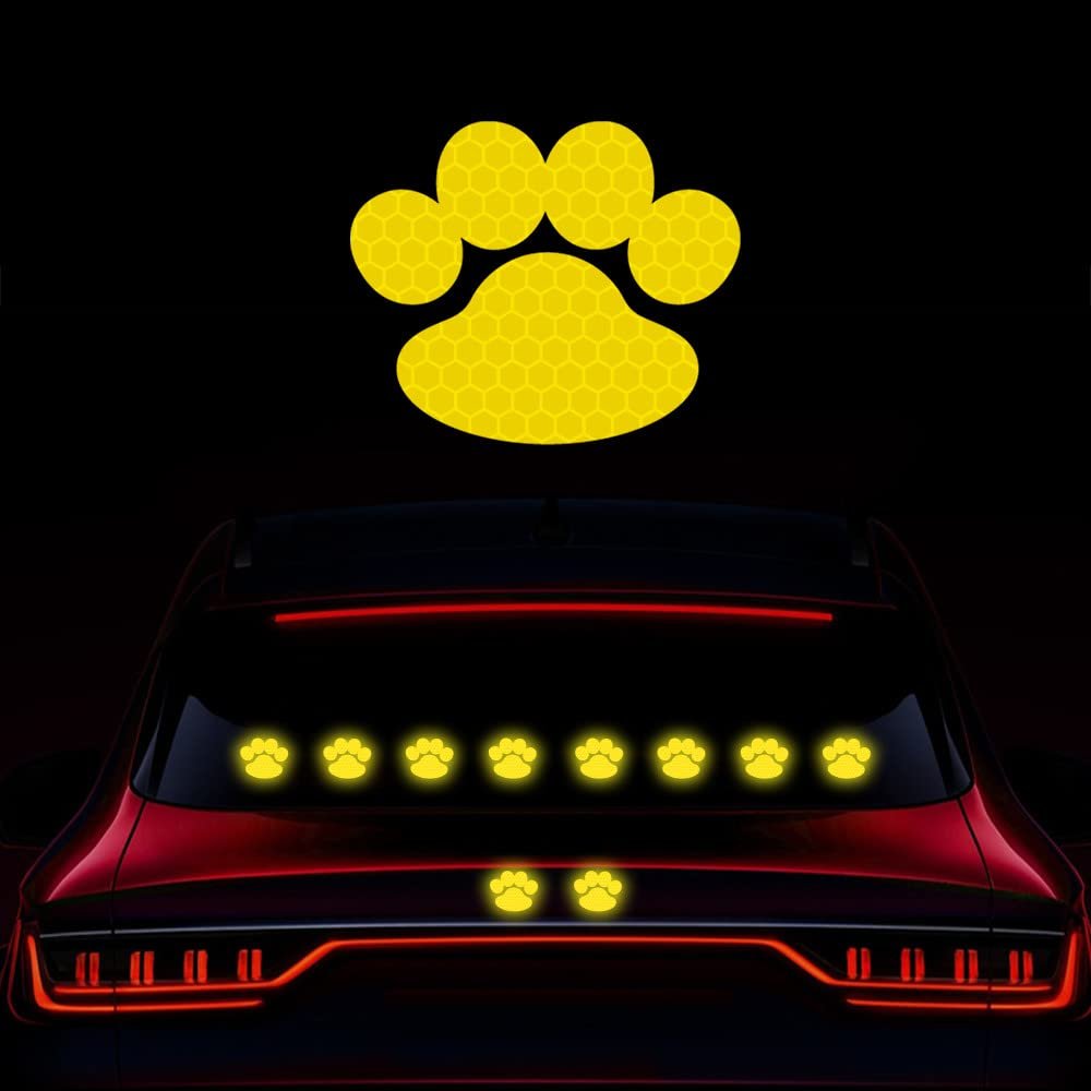Vesvory 20pcs Dog Paw Print Car Decal, Vinyl Dog Paw Reflective Sticker Funny Warning Keep Distance Footprint Car Decal for Car Window Bumper Wall Laptop Decoration (Yellow)