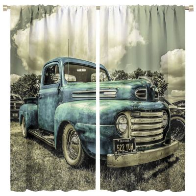Vintage Car Curtains,Retro Rustic Truck Antique Blue Old Truck Sound Dampening Curtains for Kids Livingroom Kitchen Bedroom Curtains, 2 Panels,63x63in
