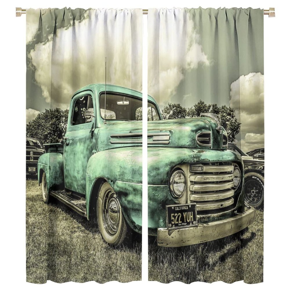 Vintage Car Curtains,Retro Rustic Truck Antique Teal Old Truck Sound Dampening Curtains for Kids Livingroom Kitchen Bedroom Curtains, 2 Panels,42x45in