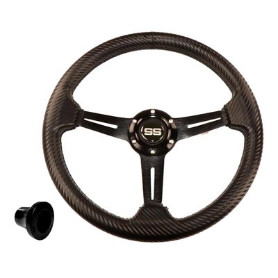Huskey Rally Golf Cart Steering Wheel Fits Club Car DS1984-Up Gas Electric Models, 13 Inch Diameter & UV Coated PVC Material W/Carbon Fiber Pattern, Including a 5/6 Hole Black Adapter