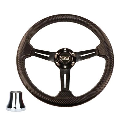 Huskey Rally Golf Cart Steering Wheel Fits Club Car DS 1984-Up Gas Electric Models, 13 Inch Diameter & UV Coated PVC Material W/Carbon Fiber Pattern, Including a 5/6 Hole Chrome Adapter