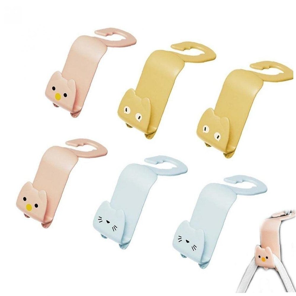 Car Storage Hooks 6pcs Cute Cartoon Cat Shape Back Seat Auto Hooks Headrest Hanger Universal Car Bag Handbag Organizer Hooks