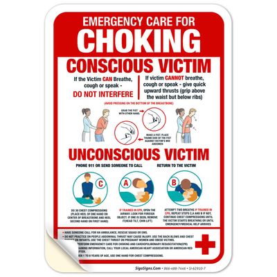 Emergency Care for Choking Conscious Victim Unconscious Victim Sign, 10x7 Inches, 4 Mil Vinyl Decal Stickers Weather Resistant, Made in USA