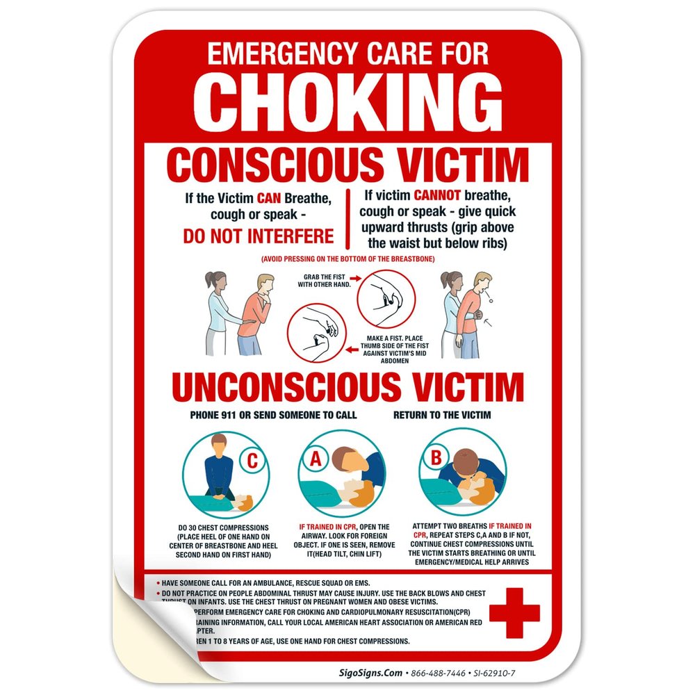 Emergency Care for Choking Conscious Victim Unconscious Victim Sign, 10x7 Inches, 4 Mil Vinyl Decal Stickers Weather Resistant, Made in USA