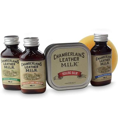 Chamberlain's Leather Milk Sample Bundle - No. 1, No. 2, No. 3 and Healing Balm. Natural and Effective Quality Leather Cleaner, Conditioner, Protectants, Applicator Pad