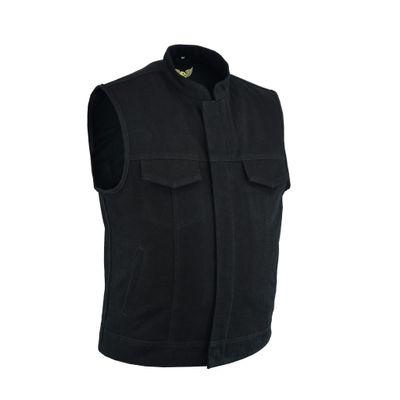 Leatherick Mens SOA Black Denim Motorcycle Vests Bikers Club Vest with Concealed Carry Pockets (as1, alpha, x_l, regular, regular, With Collar)