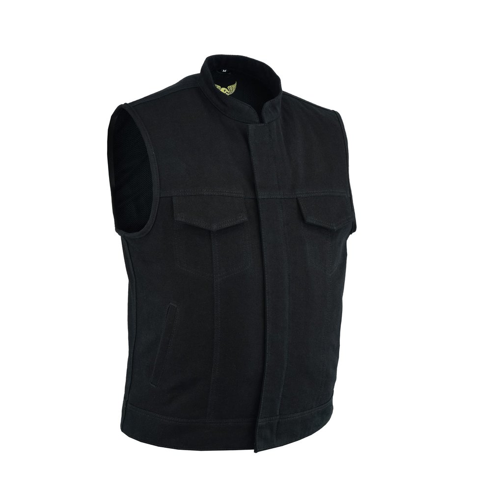 Leatherick Mens SOA Black Denim Motorcycle Vests Bikers Club Vest with Concealed Carry Pockets (as1, alpha, x_l, regular, regular, With Collar)
