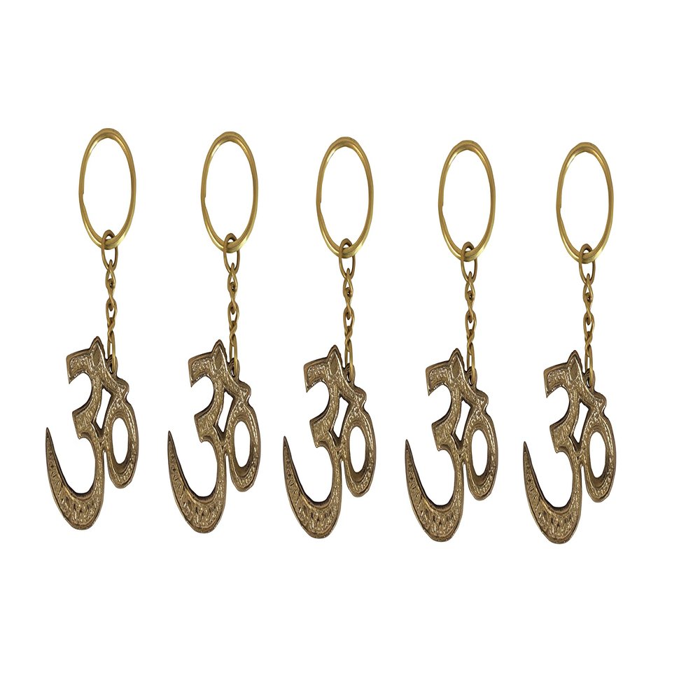 HANDTECHINDIA OM Key Ring Brass Keychain Spiritual Gift Aum Keychain for Car, Bike, Home Lock Key Luggage Bag Wardrobe Locker Golden Set of 5