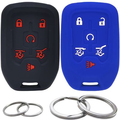 GFDesign 2Pcs Silicone 6 Buttons Key Fob Cover Remote Case Keyless Protector Compatible with Chevrolet Chevy Tahoe Suburban GMC Yukon XL Yukon HYQ1AA 13508280 13508278 (Black & Blue)