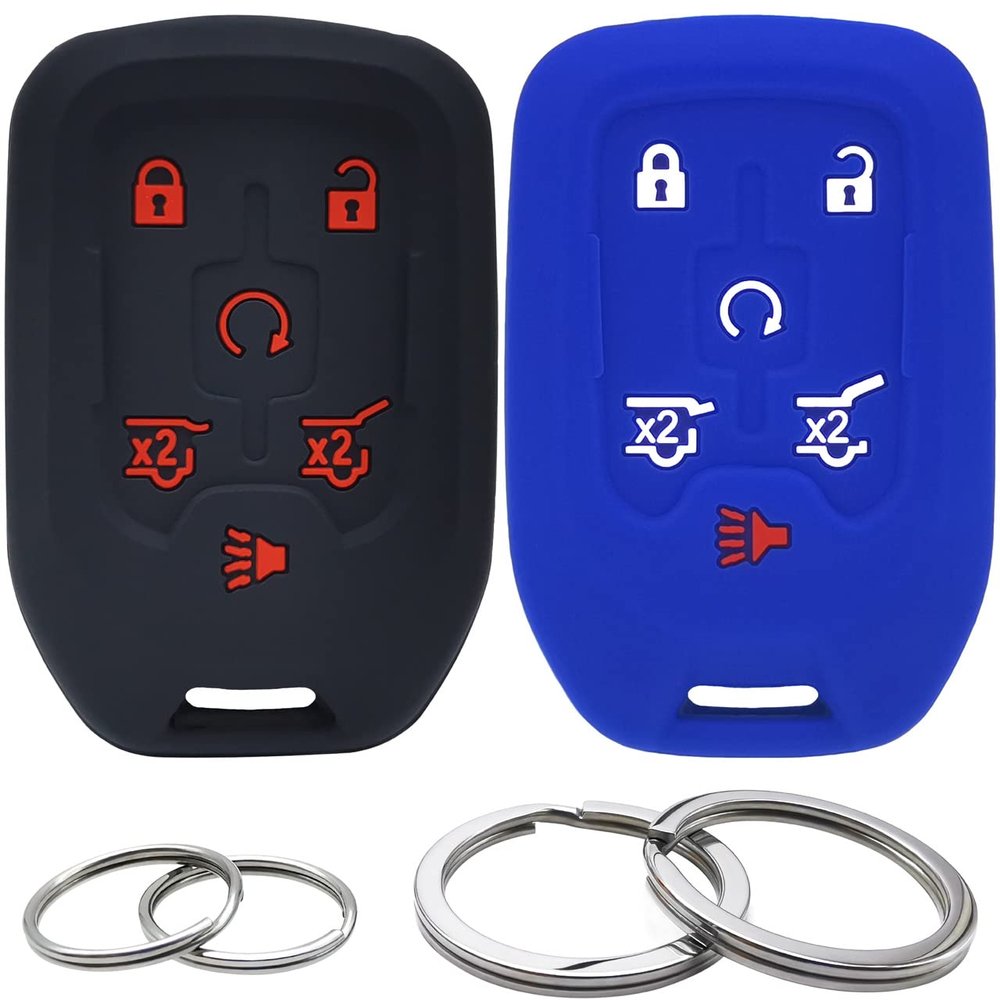 GFDesign 2Pcs Silicone 6 Buttons Key Fob Cover Remote Case Keyless Protector Compatible with Chevrolet Chevy Tahoe Suburban GMC Yukon XL Yukon HYQ1AA 13508280 13508278 (Black & Blue)