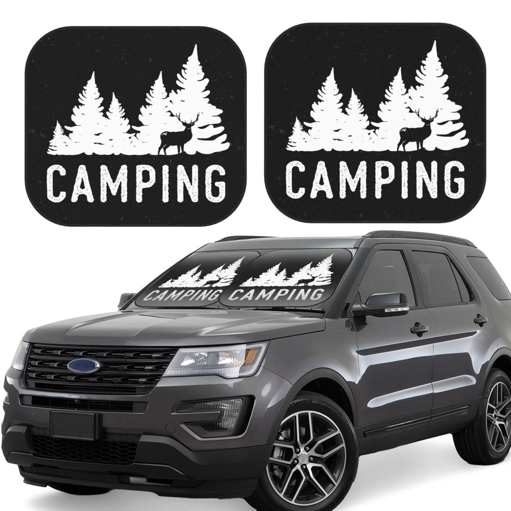 Deer Camping Windshield Sunshade for Car Truck & SUV 2-Piece Folding Car Sun Shade for Front Window Auto Sun Visor Heat Protection Car Blocks Uv Rays and Keeps Vehicle Cool L