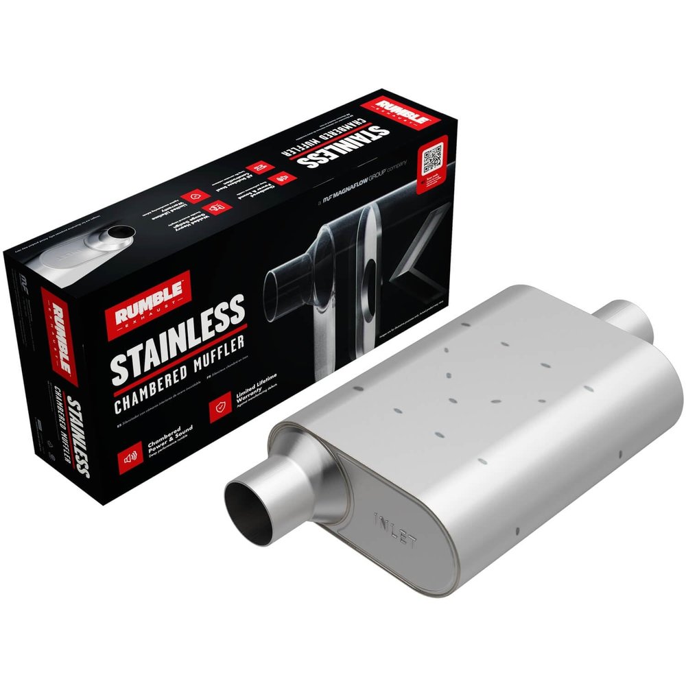 Rumble Exhaust Chambered Performance Muffler R32541: Offset/Center, 2.5" / 2.5" Inlet/Outlet, 4.25 x 9.5 x 13 Oval, Stainless Steel, Classic American Muscle Sound