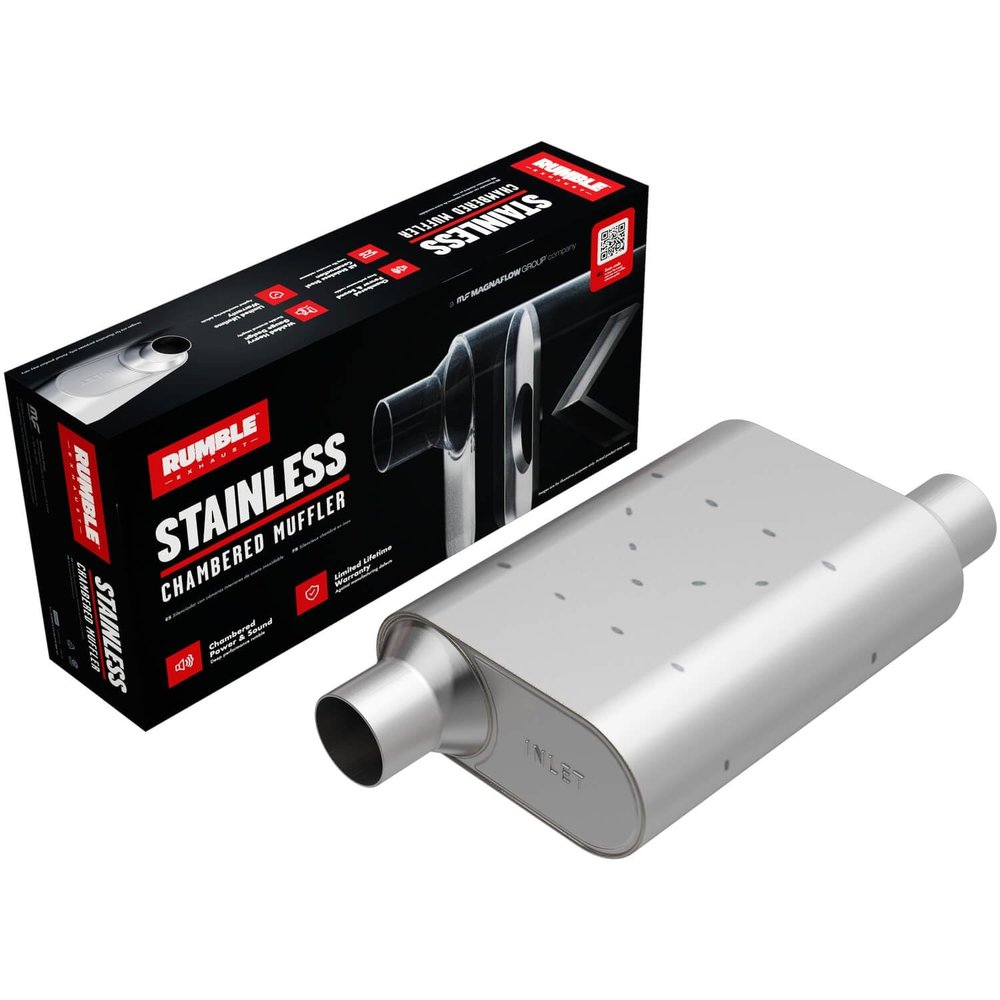 Rumble Exhaust Chambered Performance Muffler R32543: Offset/Offset, 2.5" / 2.5" Inlet/Outlet, 4.25 x 9.5 x 13 Oval, Stainless Steel, Classic American Muscle Sound