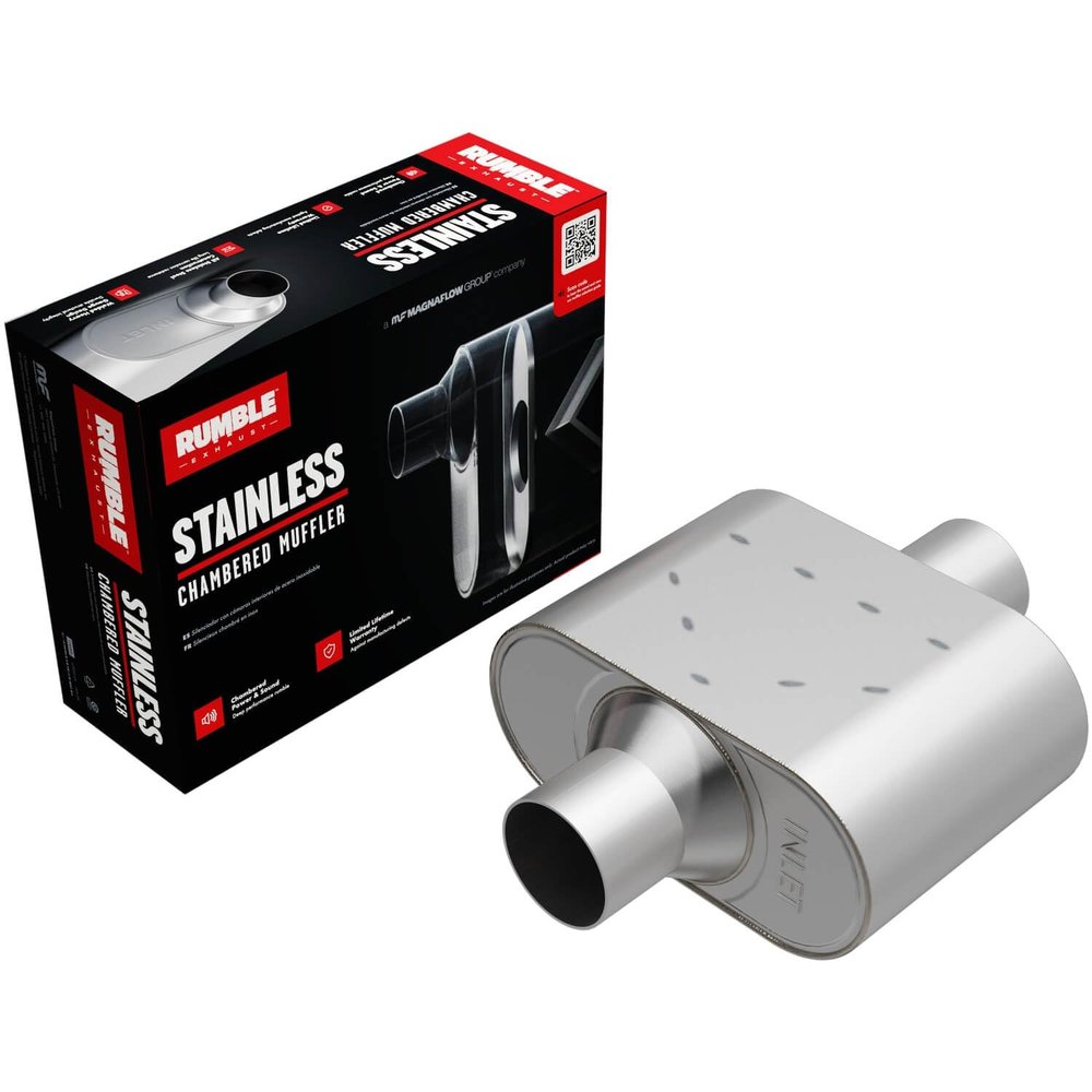 Rumble Exhaust Chambered Performance Muffler R37426: Center/Center, 2.5" / 2.5" Inlet/Outlet, 4.25 x 9.5 x 6.5 Oval, Stainless Steel, Classic American Muscle Sound