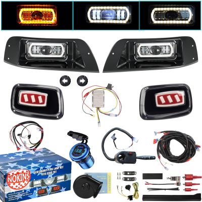 NOKINS Deluxe Plus LED Light Kit Fit EZGO TXT 1996-2013 Gas and Electric Golf Cart 20A DC Converter USB Charging Socket Low/High Beam DRL Delay Relay Brake Switch