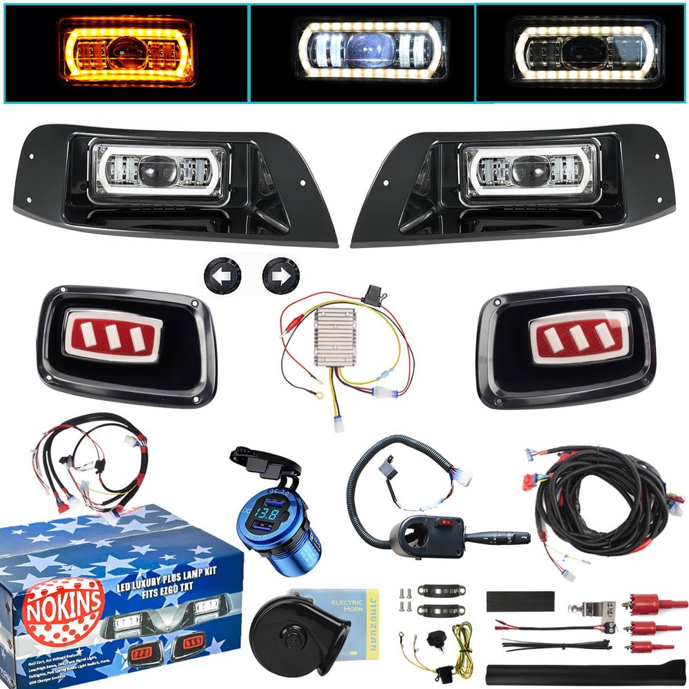 NOKINS Deluxe Plus LED Light Kit Fit EZGO TXT 1996-2013 Gas and Electric Golf Cart 20A DC Converter USB Charging Socket Low/High Beam DRL Delay Relay Brake Switch