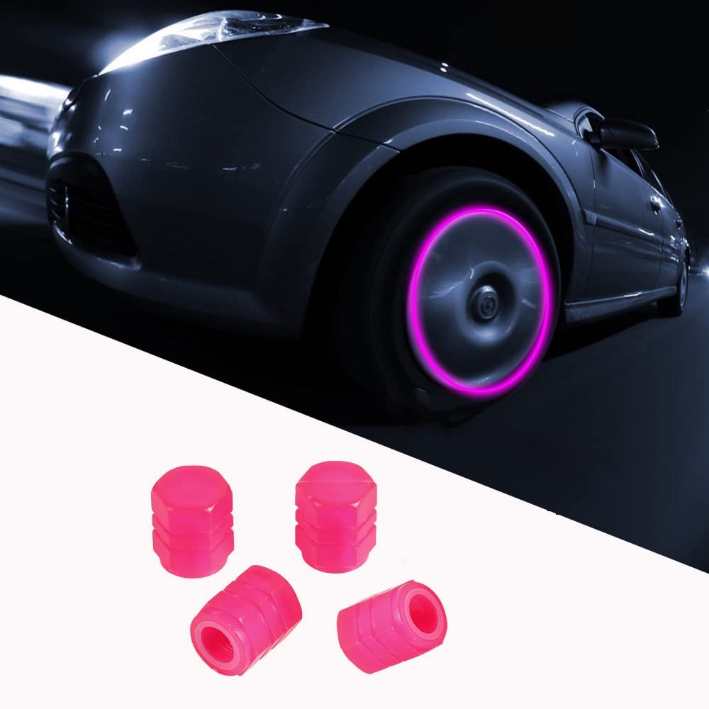 Glowing Car Valve Stem Caps, 4 Pack Universal Glow Car Tire Valve Caps Wheel Rim Dust Cover fits Cars, Trucks, Bikes, Motorcycles, Bicycles (Pink)