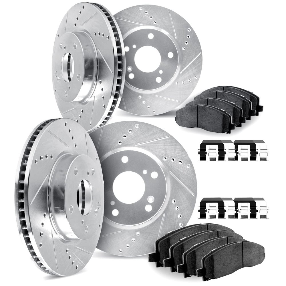 Dynamic Friction Company Front and Rear Brake Rotors Drilled and Slotted Black with Heavy Duty Brake Pads includes Hardware - 8214-39070