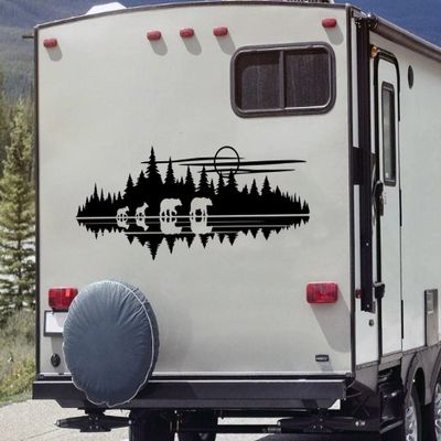 Minglewood Trading Lake Moon Bear Family in Tree Line Forest Scene Vinyl Decal V7 - RV Graphics Camping - Die Cut Sticker
