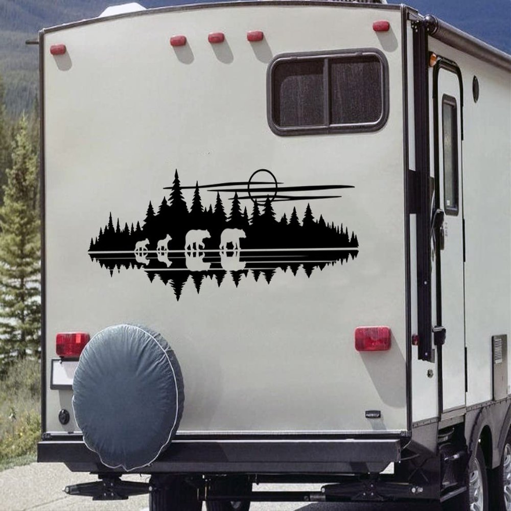 Minglewood Trading Lake Moon Bear Family in Tree Line Forest Scene Vinyl Decal V7 - RV Graphics Camping - Die Cut Sticker