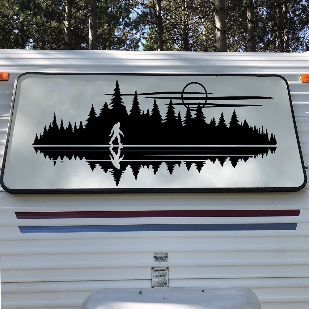 Minglewood Trading Lake Moon Bigfoot in Tree Line Forest Scene Vinyl Decal V7 - Sasquatch Camping - Die Cut Sticker