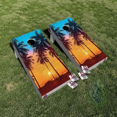 Sunset Beach Palm Trees Cornhole Board Vinyl Wrap Laminated Decal Sticker Set