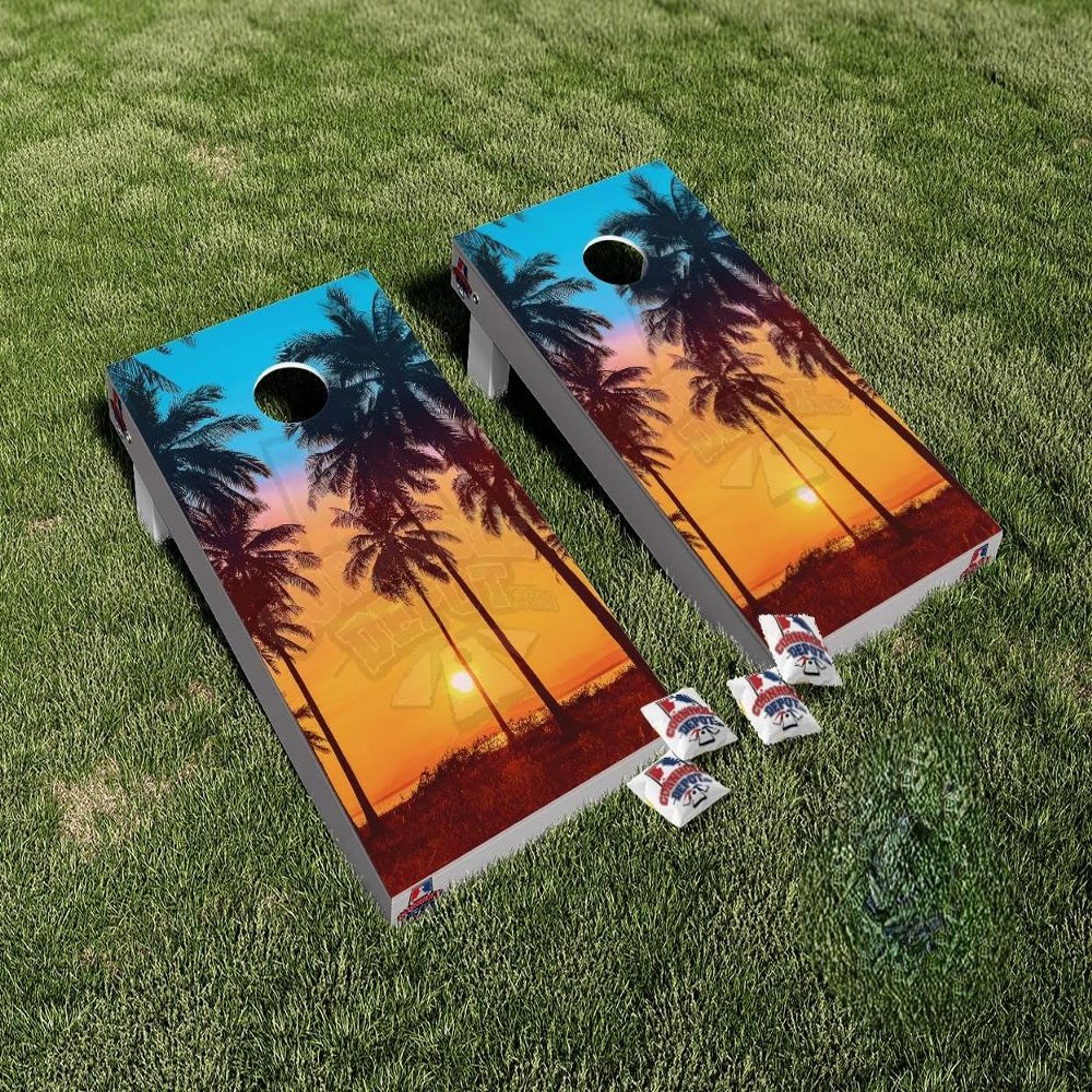 Sunset Beach Palm Trees Cornhole Board Vinyl Wrap Laminated Decal Sticker Set