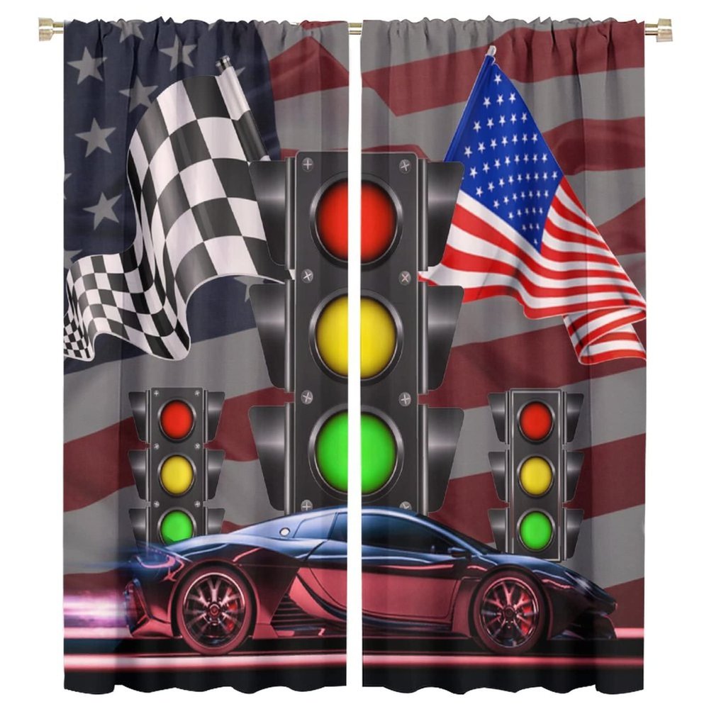 Kazynee Teens Race Car Blackout Curtains - Cool Racing Car Extreme Speed Sports American Flag Design Rod Pocket Window Curtain Set Energy Saving Thermal Insulated Drapes,2 Panels 63L x 27.5W