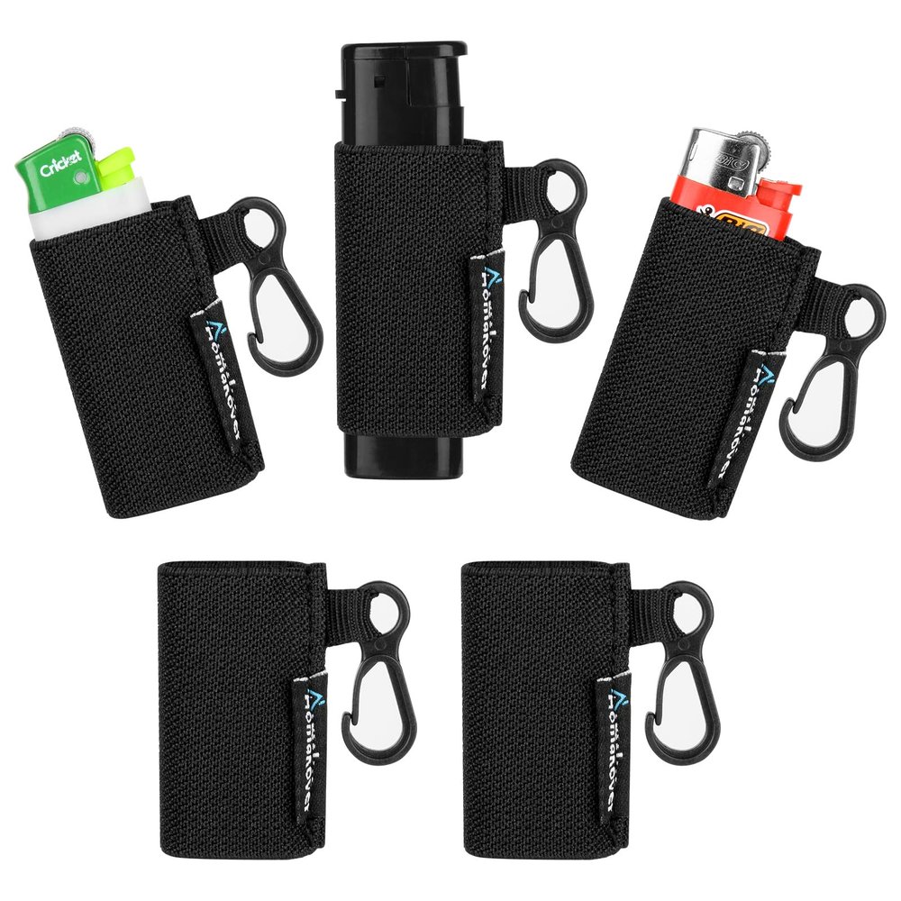 Pack of 5 Elastic Lighter Holder Keychain with Clip, Bundle Pack for Convenience, Fits for BIC Classic Lighter (Black)