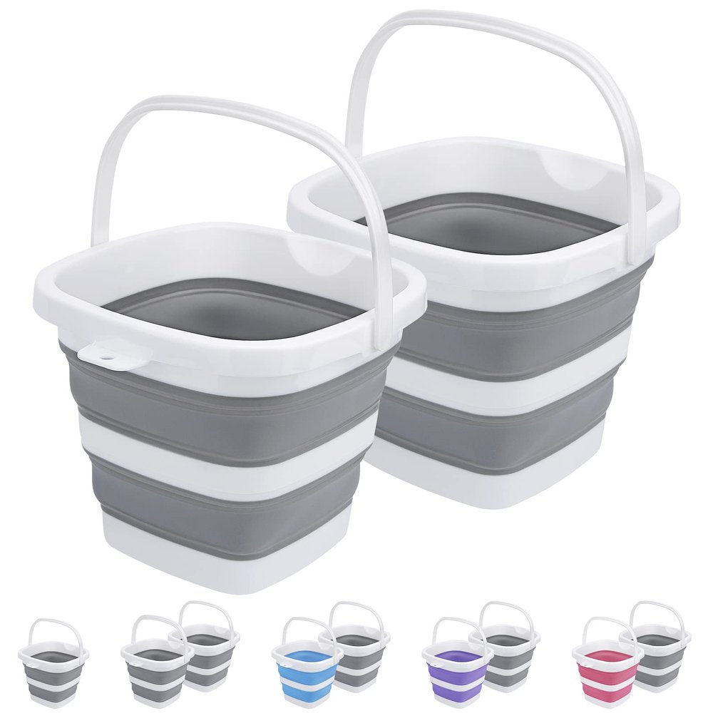 2 Pack Collapsible Buckets 5L 1.3Gallon Small Cleaning Bucket for Household Portable Plastic Bucket Outdoor Car Washing Tub Foldable Camping Beach Sand Water Pot Pail Space Saving Square Grey