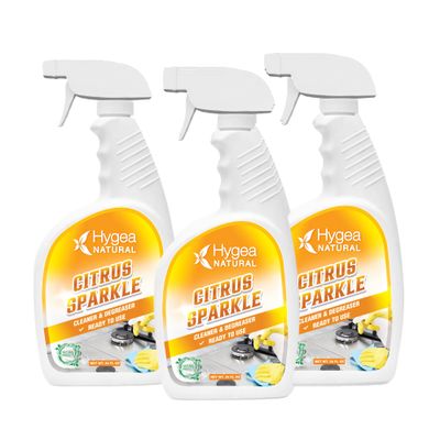 Hygea Natural Citrus Sparkle Chemical-Free Heavy Duty Degreaser & All Purpose Cleaner - Pure Citrus Extracts & Natural D-limonene - Removes Grease, Dirt & Grime (3 Pack of 24 Ounce Spray)