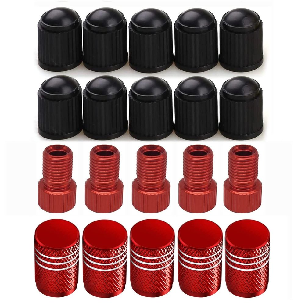 Alloygold Presta to Schrader Adapter, 5 Pcs, French/UK to US, with 15 Valve Caps, for Mountain & Road Bikes and Cars (Red)