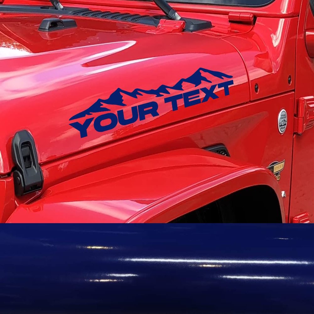 Custom Letters Your Text Mountains Range Theme Decal Sticker Hood Fender Compatible with All Jeeps Wrangler Rubicon Gladiator JK TJ YJ CJ 23X4 Inches Set of 2 Identical Decals. - Blue
