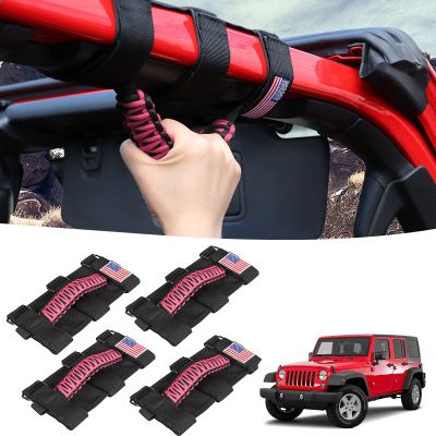 Gaizon 4 Pack Grab Handles Roll Bar Paracord Handgrip Handles with America Flag Pattern Replacement for Jeep Wrangler YJ TJ JK JL,Gladiator JT 1955-2022(Pink)