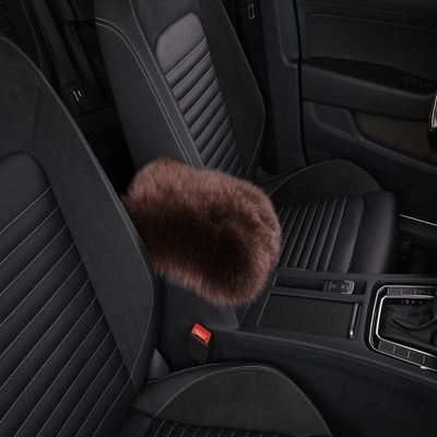 Real Long Wool Car Center Console Cover, Universal Interior Accessory Fit for Most SUV/Truck/Auto, Armrest Cushion Pad, Soft Warm & Fluffy for Winter Brown