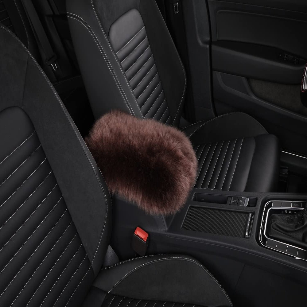 Real Long Wool Car Center Console Cover, Universal Interior Accessory Fit for Most SUV/Truck/Auto, Armrest Cushion Pad, Soft Warm & Fluffy for Winter Brown