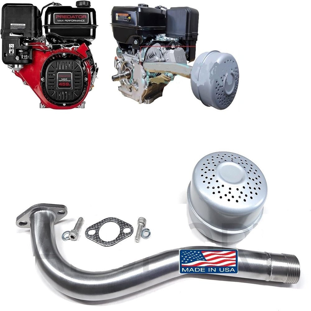 Exhaust Pipe & Muffler for: Predator 459 Max Performance, Duroma 18hp, 16hp, XP16HPE, XP18HPE Go Kart & mini bikes.