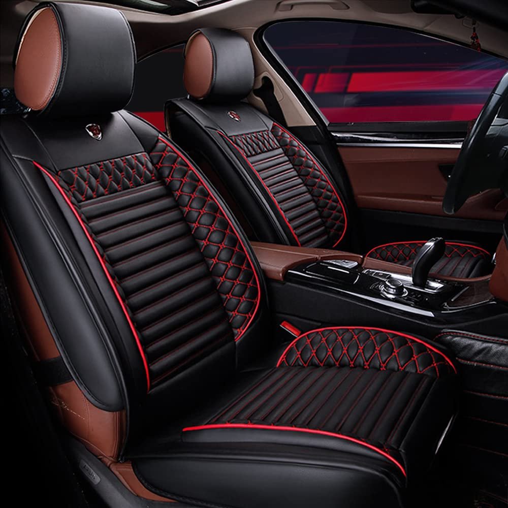 Jialuode Custom Car Seat Covers Fit for LAN_d Roo#ver Discovery Sport 2014-Present 5-Seat Full Set All Weather PU Leather Front Rear Seat Protector with Waterproof Airbag Standard Edition Black Red