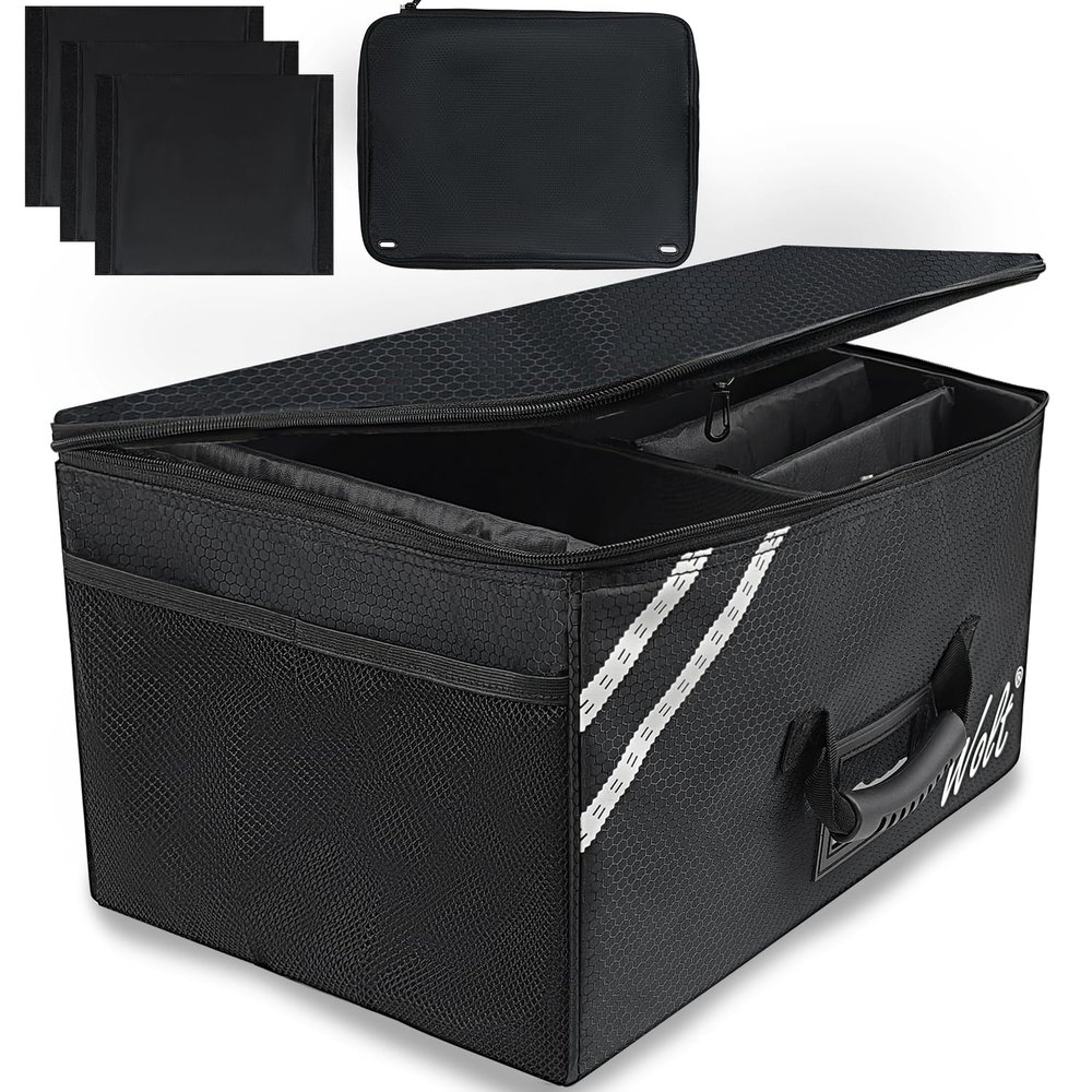 WOLT Car Trunk Organizer with Lid, Collapsible Multi Compartment SUV Organizer with Non-Slip Base Adjustable Straps, Durable Car Organizer and Storage for SUV, Sedan, Truck (Black)