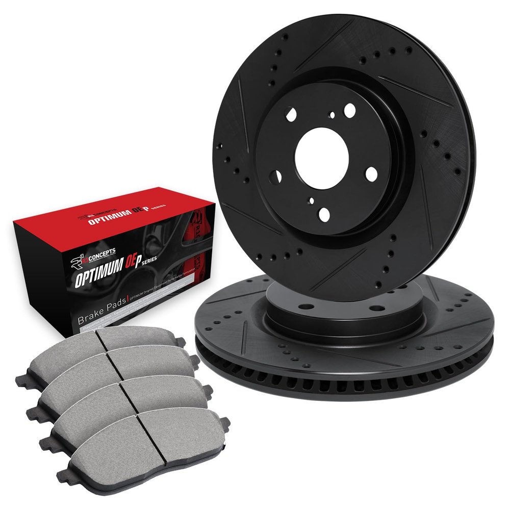 R1 Concepts Rear Brake Kit Fits 2011-2014 Porsche Cayenne| Optimum Oep Brake Pads and Drilled Slotted Brake Rotors| 14.1" Rear Rotor