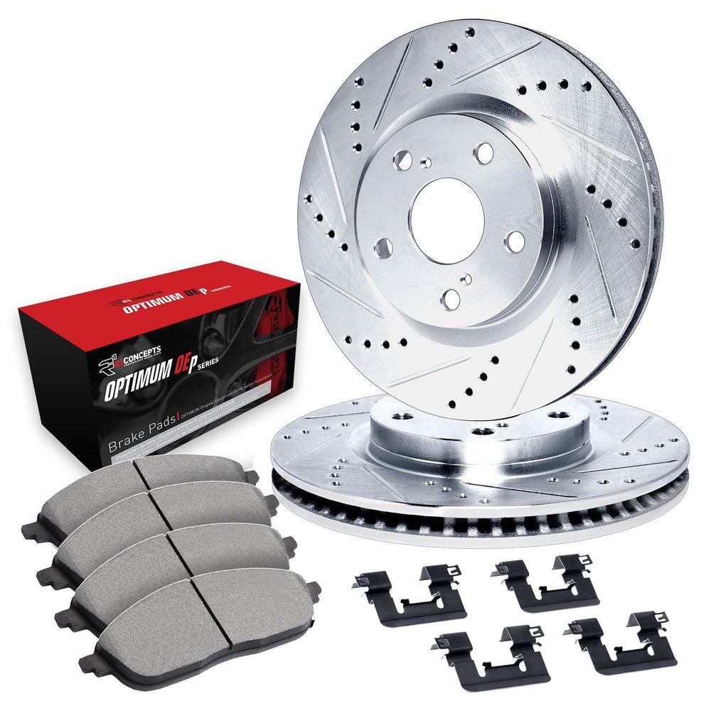 R1 Concepts Rear Brake Kit Fits 2011-2014 Porsche Cayenne| Optimum Oep Pads, Drilled Slotted Rotors| Hardware| 14.1" Rear Rotor