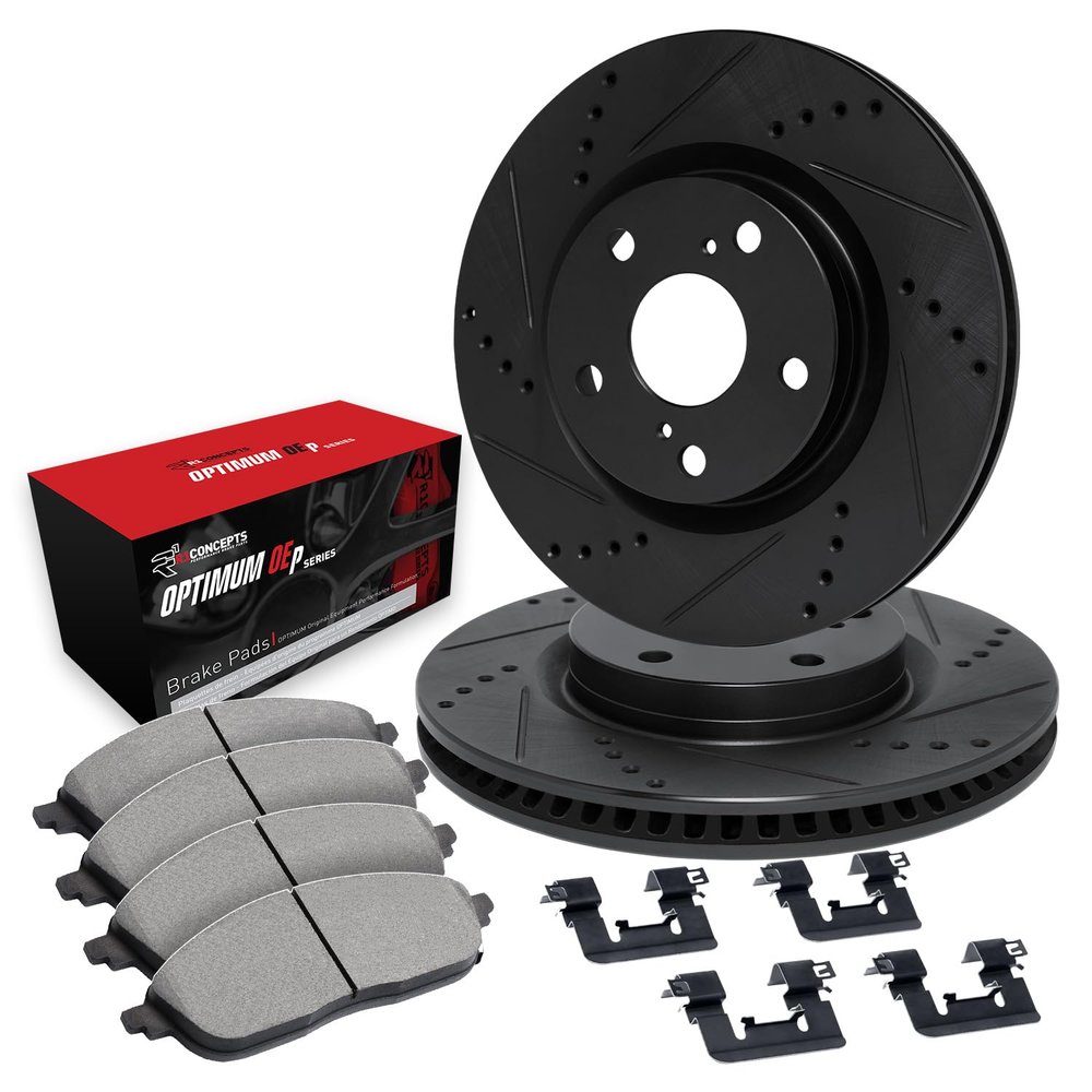 R1 Concepts Rear Brake Kit Fits 2011-2014 Porsche Cayenne| Optimum Oep Pads, Drilled Slotted Rotors| Hardware| 14.1" Rear Rotor