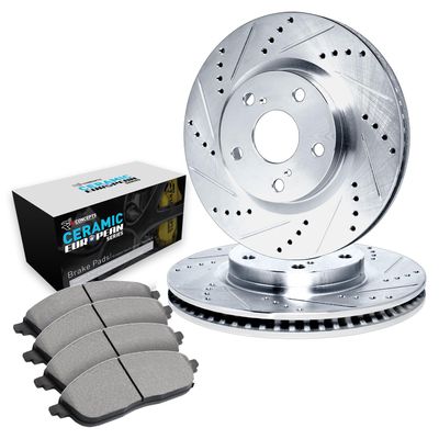 R1 Concepts Front Brake Kit Fits 2011-2014 Porsche Cayenne| Euro Ceramic Brake Pads and Drilled Slotted Brake Rotors| 14.0" Front Rotor