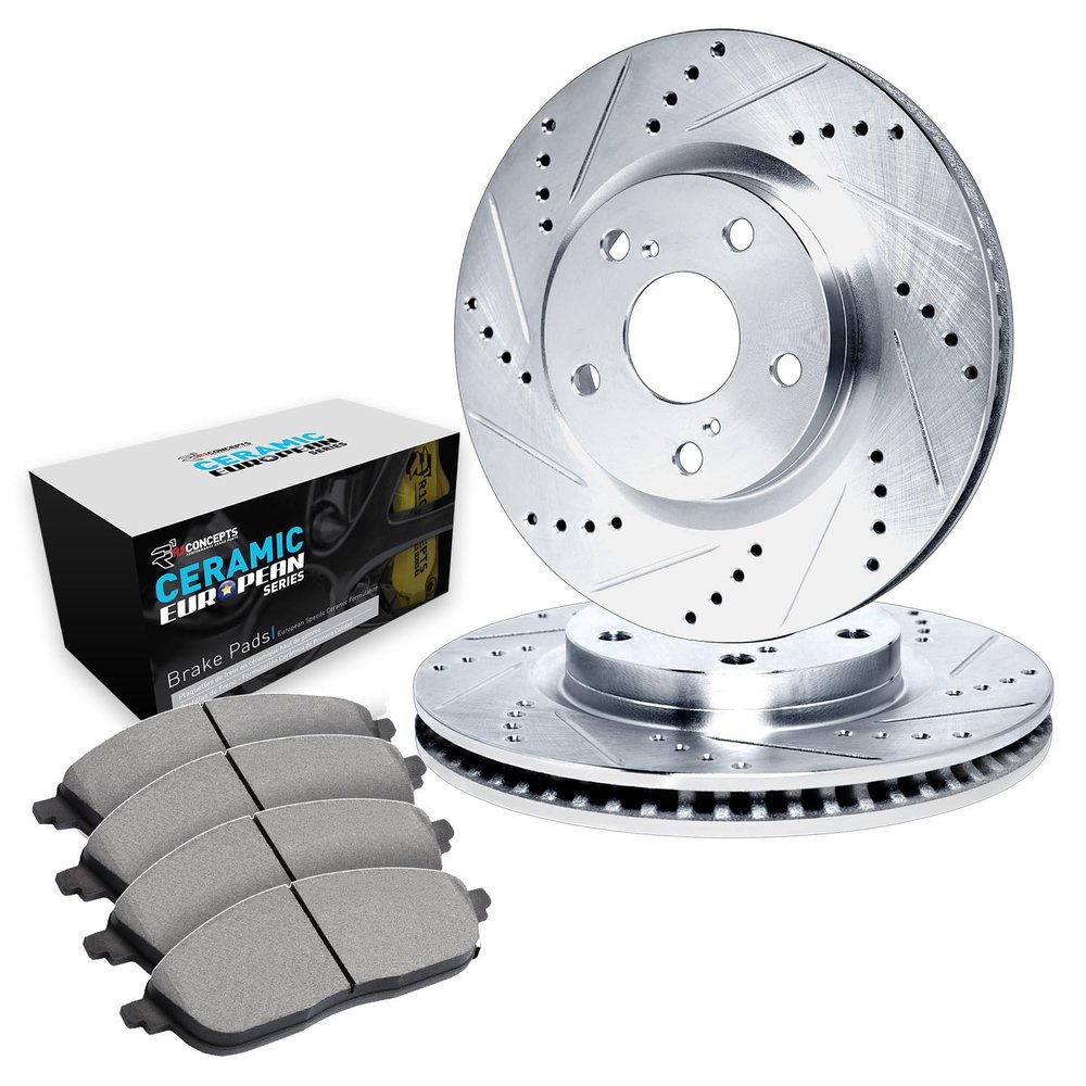 R1 Concepts Front Brake Kit Fits 2011-2014 Porsche Cayenne| Euro Ceramic Brake Pads and Drilled Slotted Brake Rotors| 14.0" Front Rotor