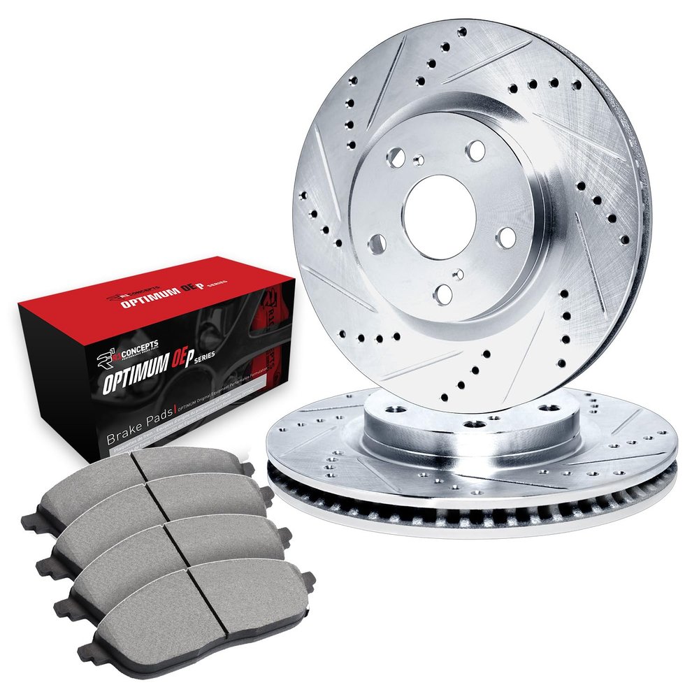 R1 Concepts Front Brake Kit Fits 2011-2018 Porsche Cayenne| Optimum Oep Brake Pads and Drilled Slotted Brake Rotors| 16.0" Front Rotor